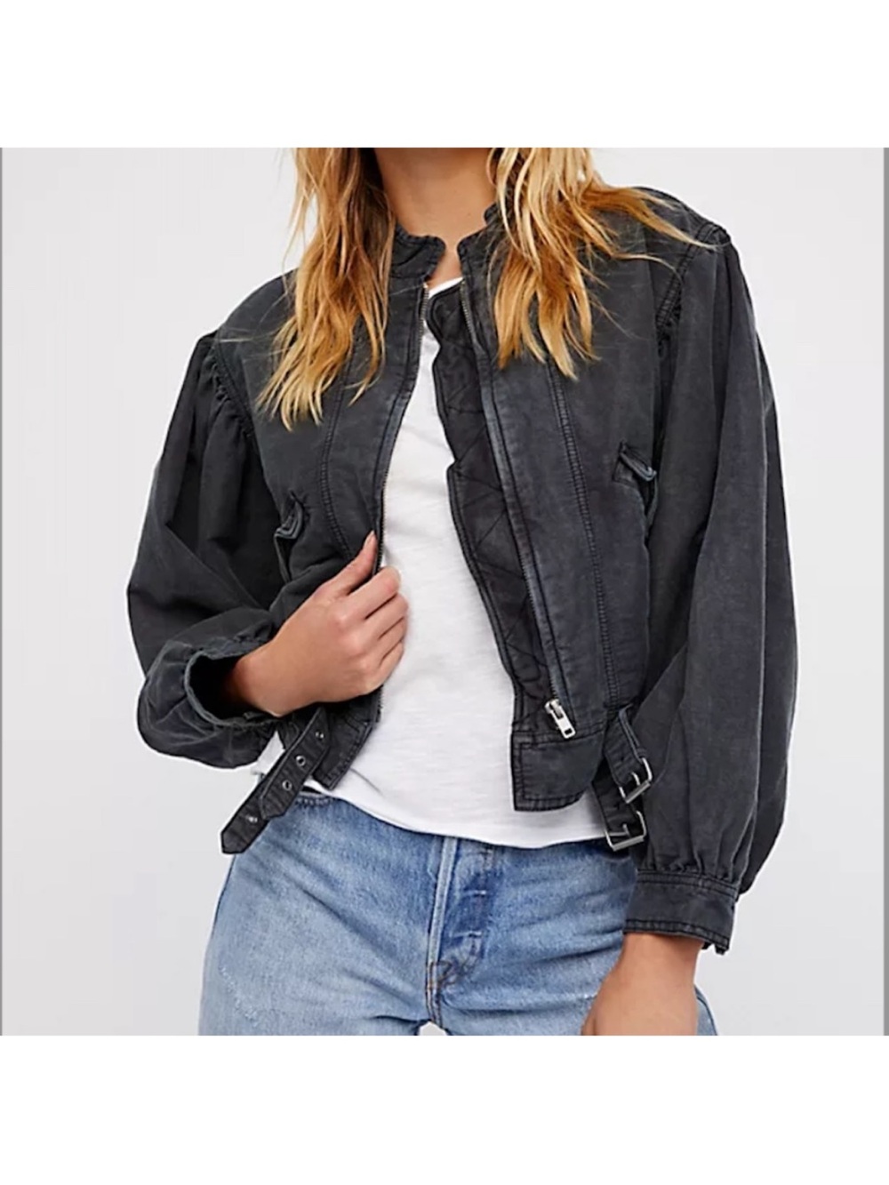 Free People Black Utility-Style Bomber Jacket